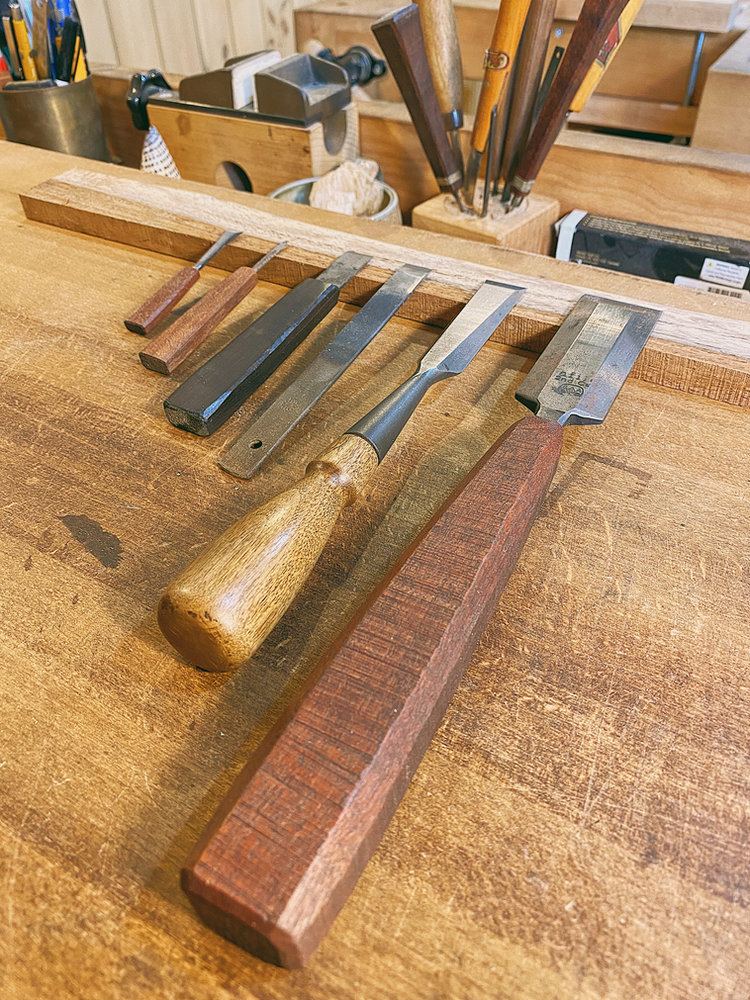 A few of Rafael's chisels, some bought and some made by him